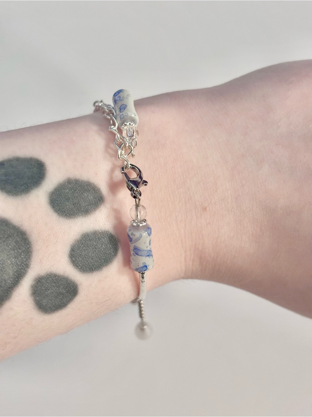 Hand Crafted Silver Bracelet with Blue and White Beads and Mermaid Tail Charm - Picture 7 of 7